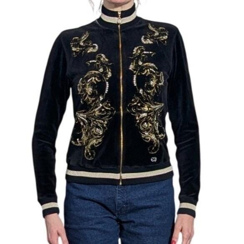 Vintage Escada Velvet Bomber Jacket Gold Baroque Rhinestone Zip EU 36 Y2K‎ - Picture 4 of 16